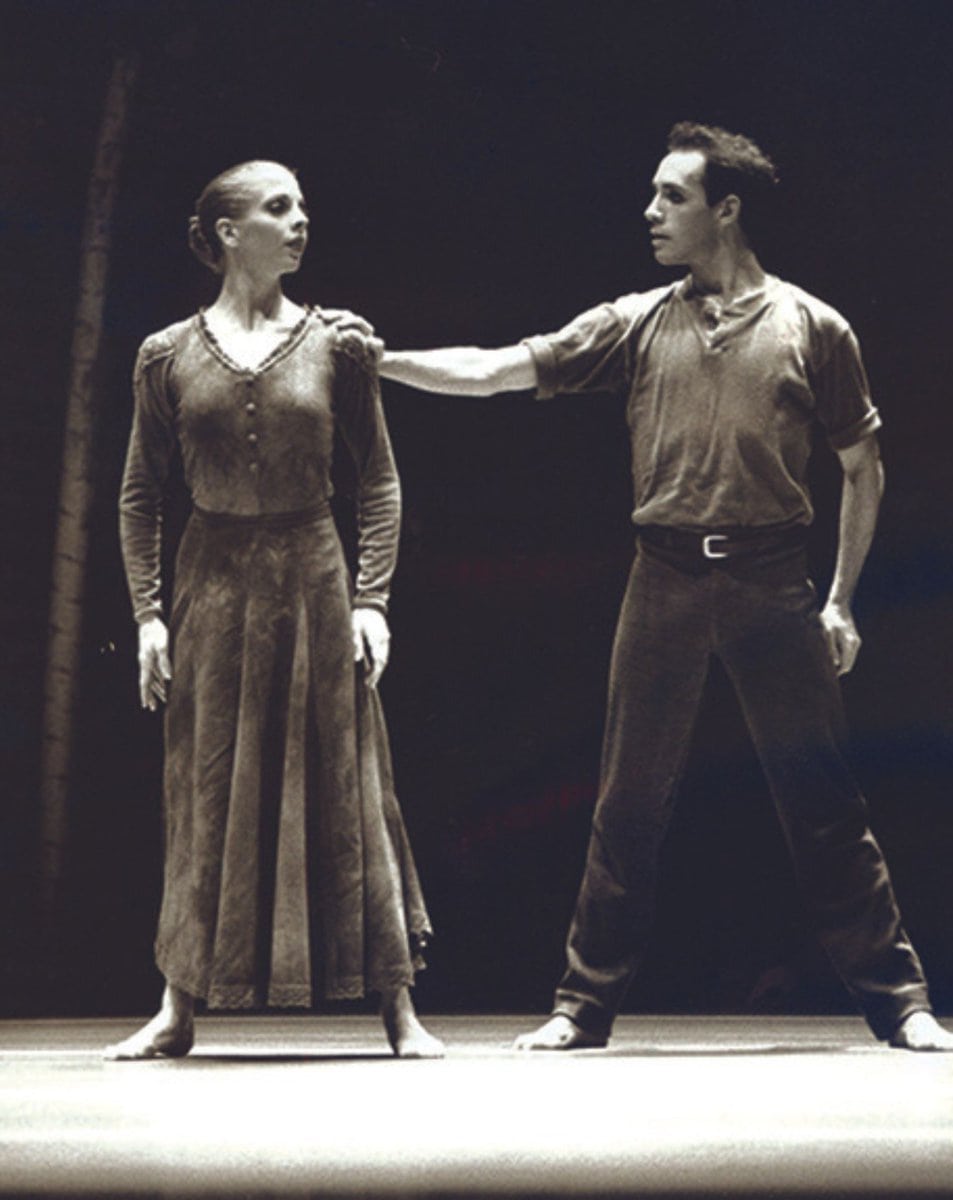 Julie Tobiason and Paul Gibson stand side by side in Nacho Duato's Jardí Tancat, performing during PNB’s 1996 East Coast Tour.