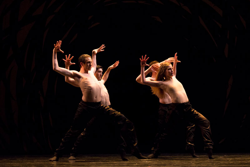 Four dancers hold a striking pose during a dramatic dance performance. They wear dark pants and are positioned in a wide stance with their arms raised in expressive, angular gestures. The stage lighting casts a warm glow on their bodies. The background is dark with a swirling pattern, adding to the intensity of the scene. The dancers appear synchronized, exuding strength and precision.
