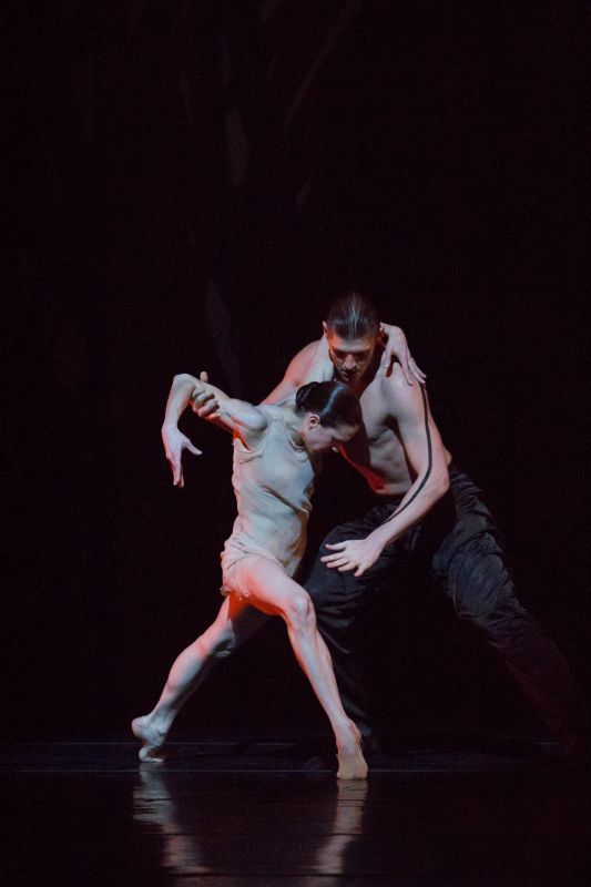 Two dancers perform on a dimly lit stage. The male dancer, shirtless and wearing dark pants, is positioned behind the female dancer, who is dressed in a pale, form-fitting dress. Their bodies are intertwined, with the female dancer lunging forward, her arms curved in a striking, almost contorted manner. The male dancer supports her and has a focused gaze.