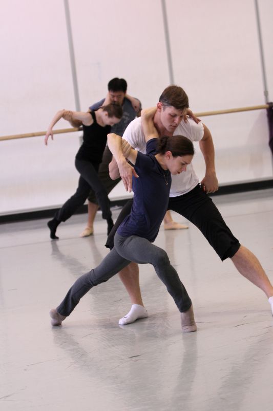 A male and female dancer rehearse in a spacious dance studio. The female dancer lunges forward with her arms elegantly curved, while the male dancer supports her from behind with a focused expression. Both are wearing fitted athletic clothing. The studio features ballet barres along the walls and a light-colored floor.