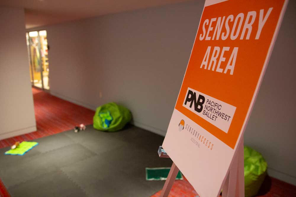 An orange sign that says "Sensory Area" stands in a dimly lit room full of green beanbags and toys.