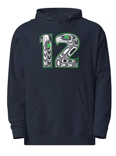 Navy blue hoodie with a large "12" on front, containing Haida formline art in navy, green, black, and white.