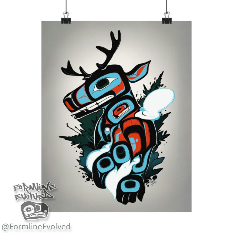 Formline Evolved graffiti style deer print in red, black, blue, and white.