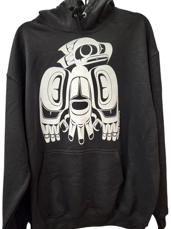 Charcoal grey hoodie with white eagle in Haida formline.