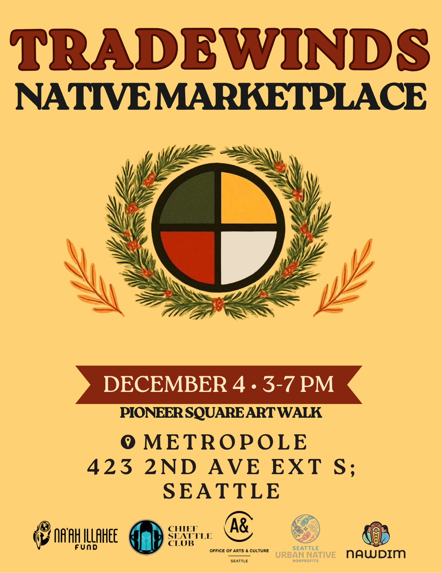 Tradewinds Native Marketplace - December 4, 3 - 7 pm at Metropole, 423 2nd Ave Ext S / Pioneer Square Artwalk
