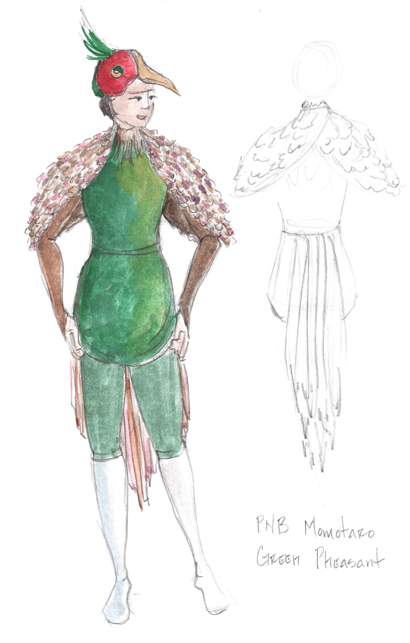 Green Pheasant costume sketch by Meleta Buckstaff.